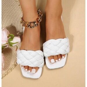 White Braided Square Toe Slide Sandals Flat Woven Strap Summer Shoes
